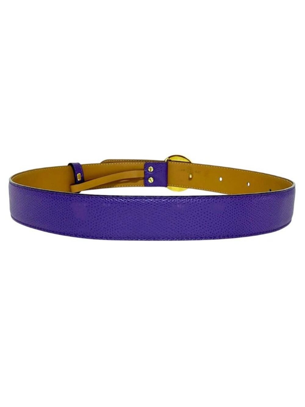 Celine Vintage Circle Logo Buckle Ball Tip Clasp Leather Belt Purple Gold - Picture 2 of 8